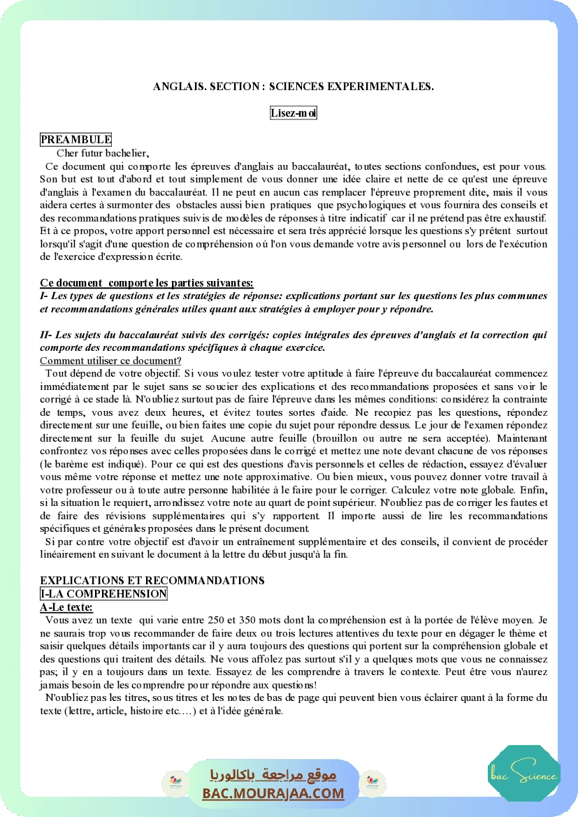 Corrigé principale anglais Bac 2009 – Section science
